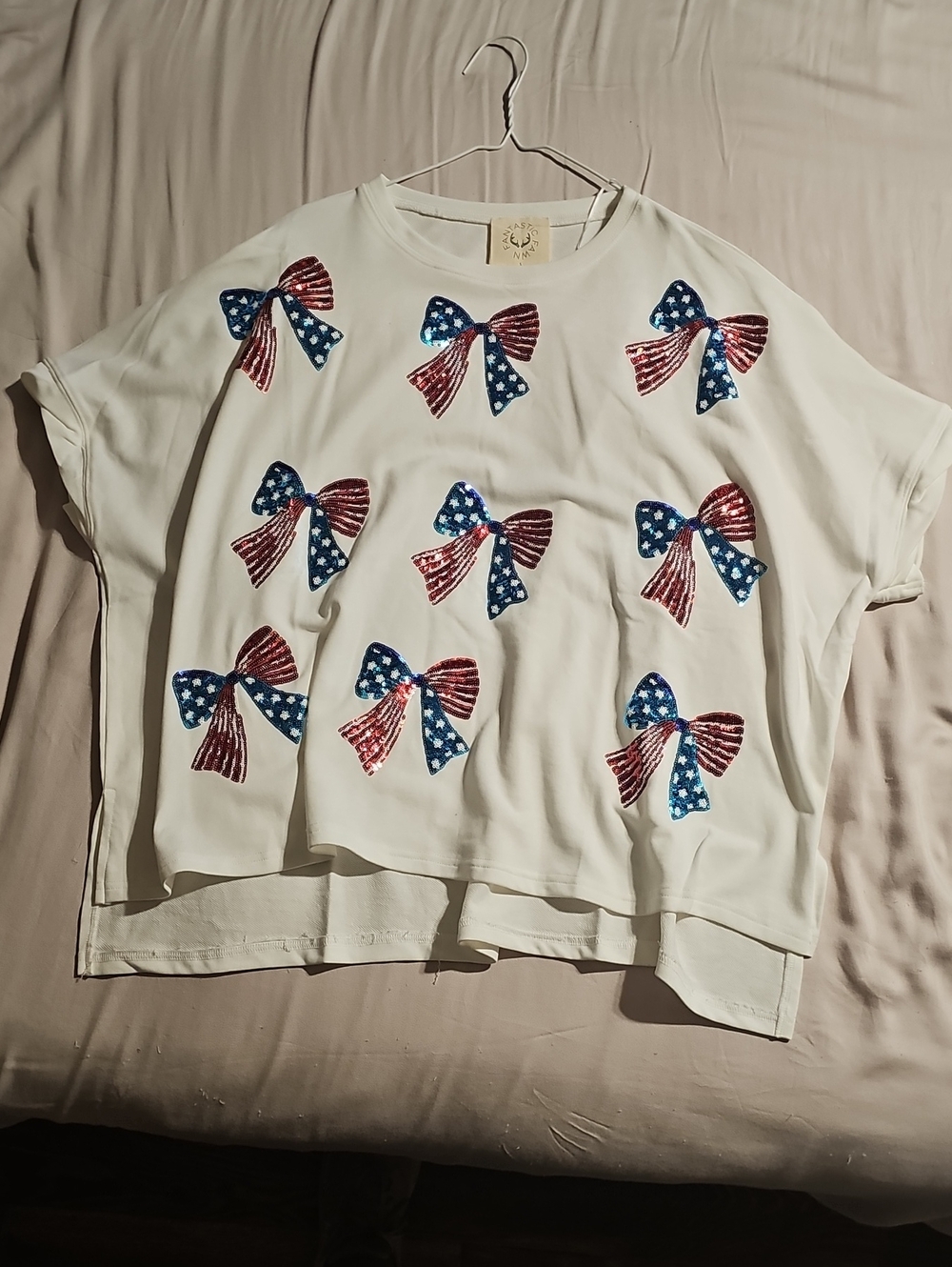 Fantastic Fawn White Short Sleeve Top with Red and Blue Sequin Bows